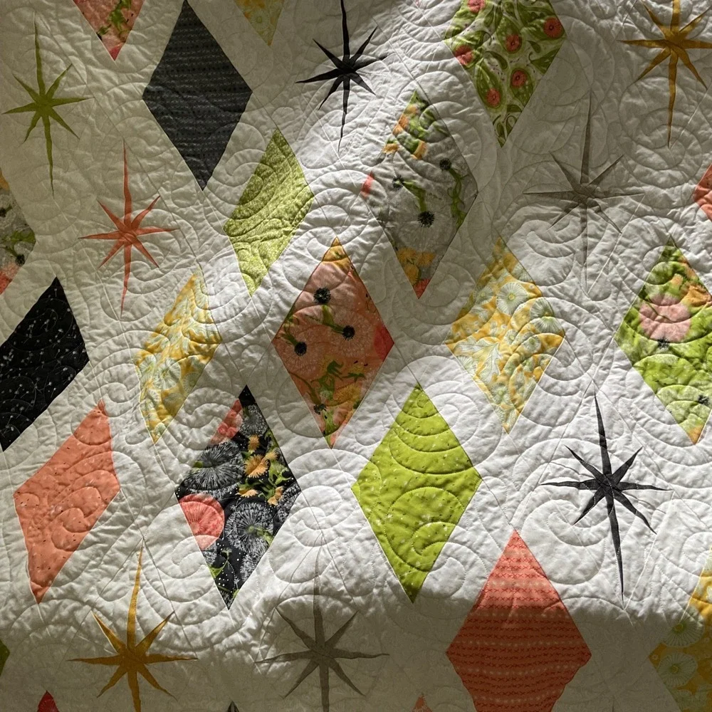 Handmade Mid Century Modern Atomic Starburst Diamond Quilt White Multi Color